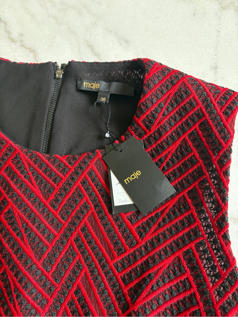 Maje Red and Black Textured Geometric Dress - Picture 4 of 9